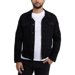 Mens Jet Black Denim Jacket Washed Ripped Distressed Stretch Casual Trucker